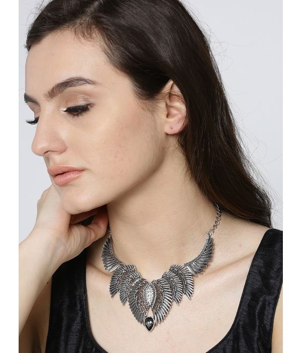 YouBella Oxidised Silver-Plated Textured Stone-Studded Necklace